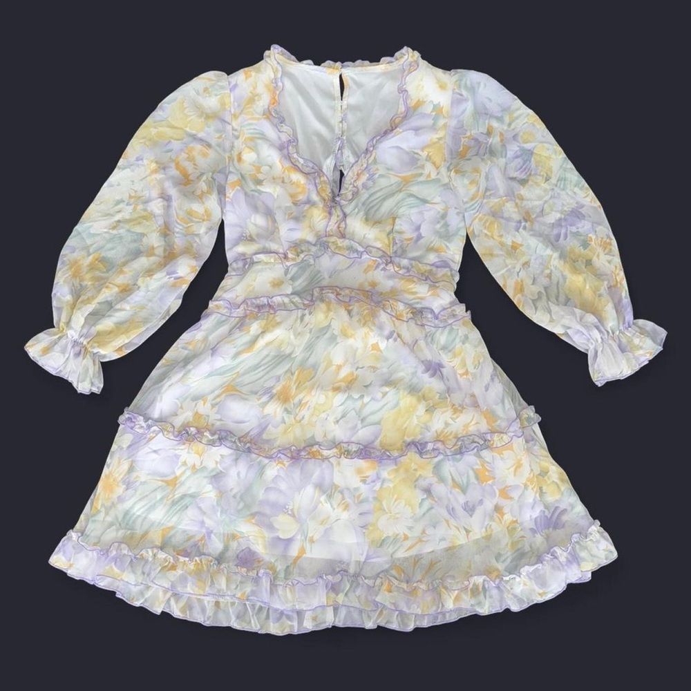Multicolor Lilac Purple Yellow and Green Floral Ruffle Tiered Long Sleeve Dress
